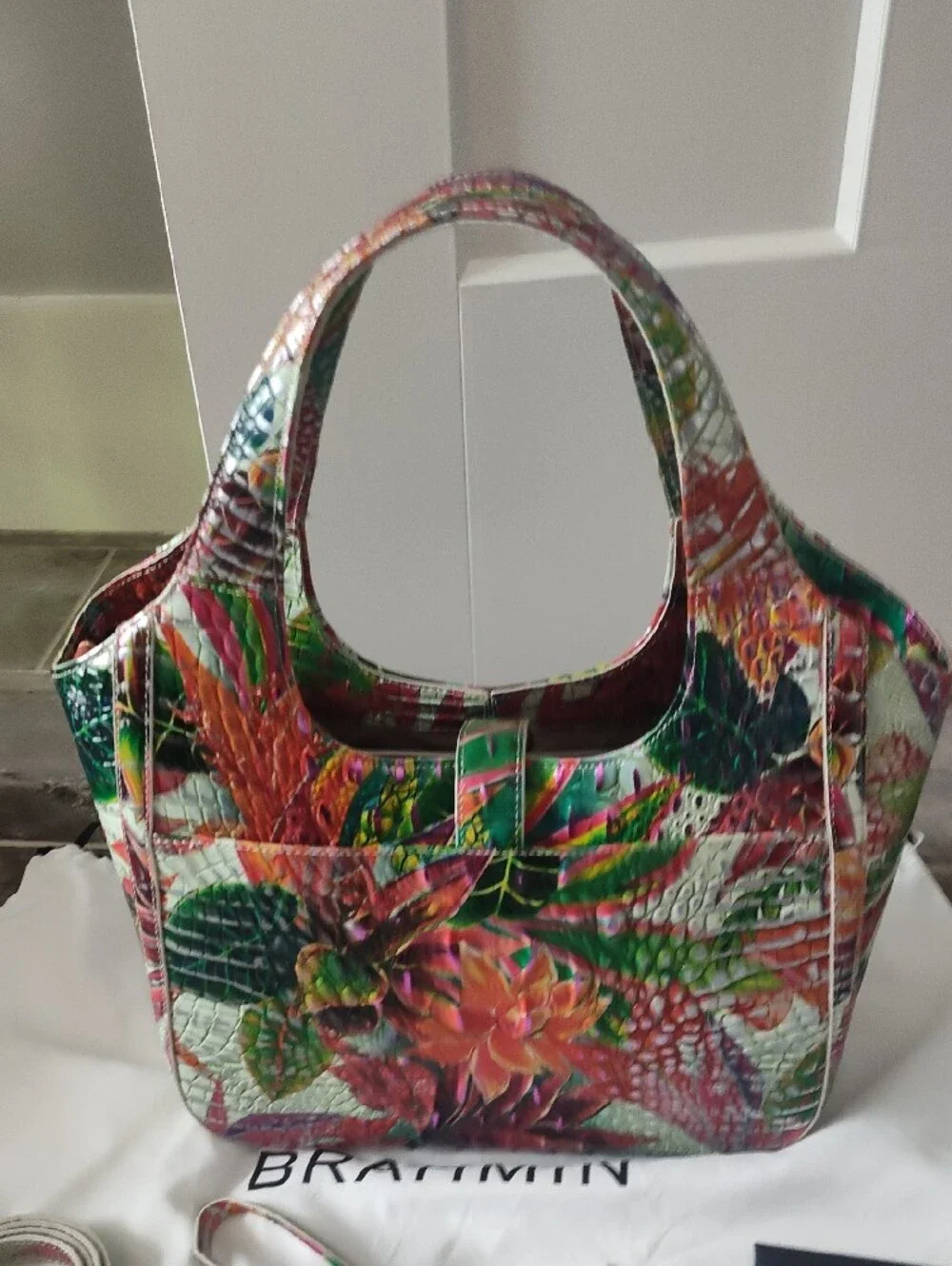 Brahmin Multicolor Floral Embossed Leather Shoulder Bag - Green, Pink, Orange